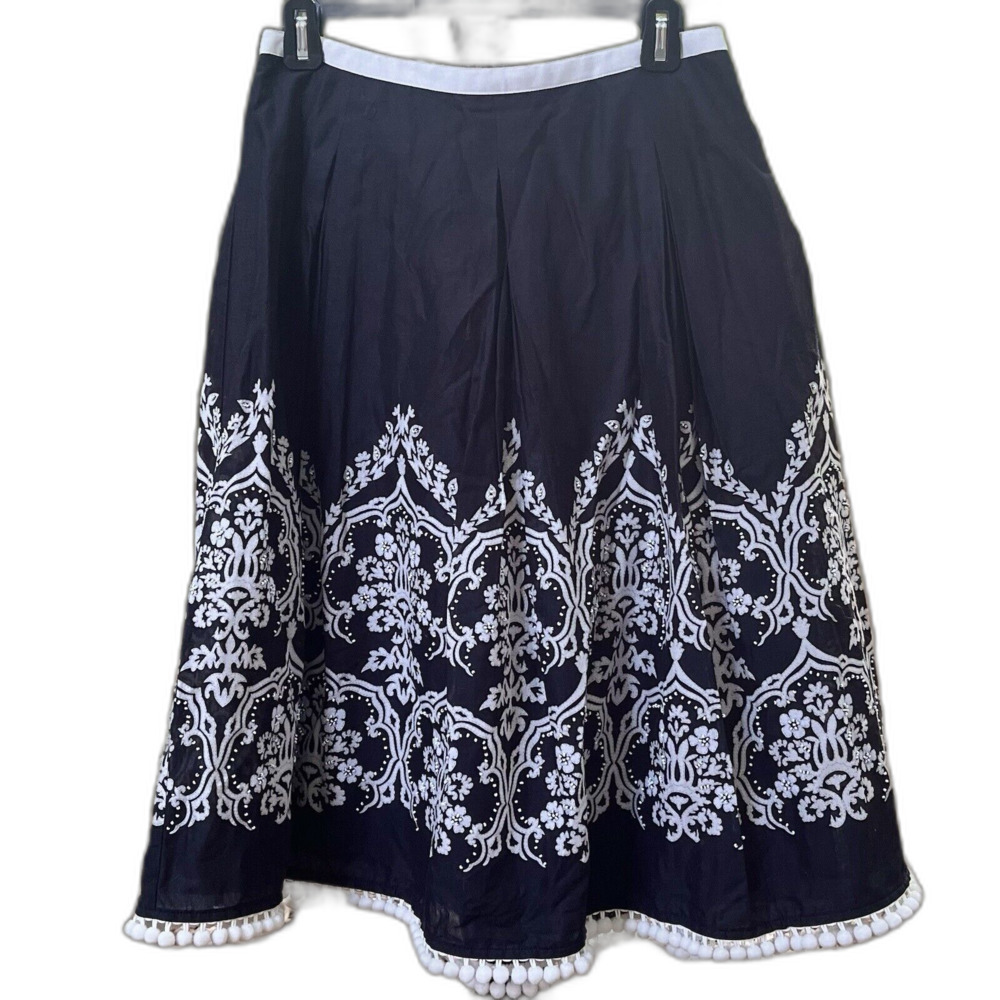 Loft A Line Beaded Swing Lined Skirt Womens 4 Black White Goth Boho Retro 50s
